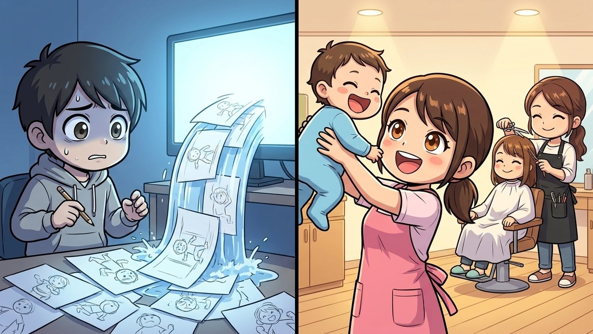 パソコンから中割りの絵が滝のように自動で流れ出て不安そうに手を止めるアニメーターと、子どもを抱き上げる保育士と髪を切る美容師を並べた2コマのイラスト