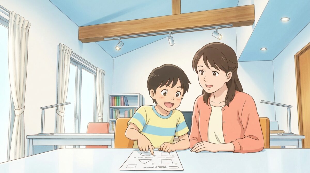 塾で母親と一緒に答案を見直し、図を指さして笑顔になる小学生