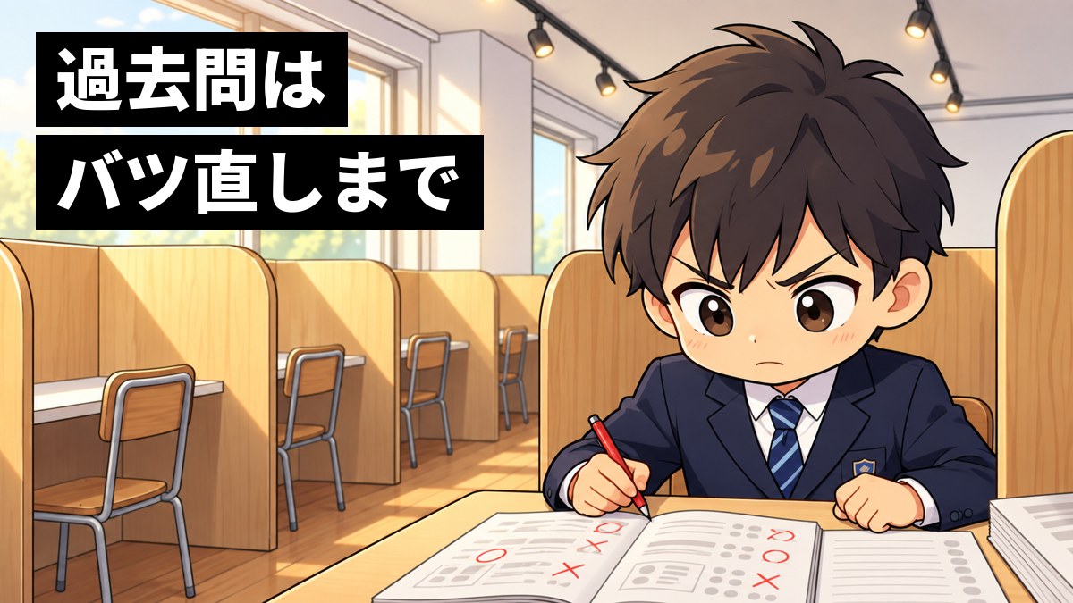 塾の窓ぎわの自習ブースで、館山中の制服の男子が、過去問の解けなかった問題を悔しそうに眉を寄せて解き直している挿絵。文字「過去問はバツ直しまで」