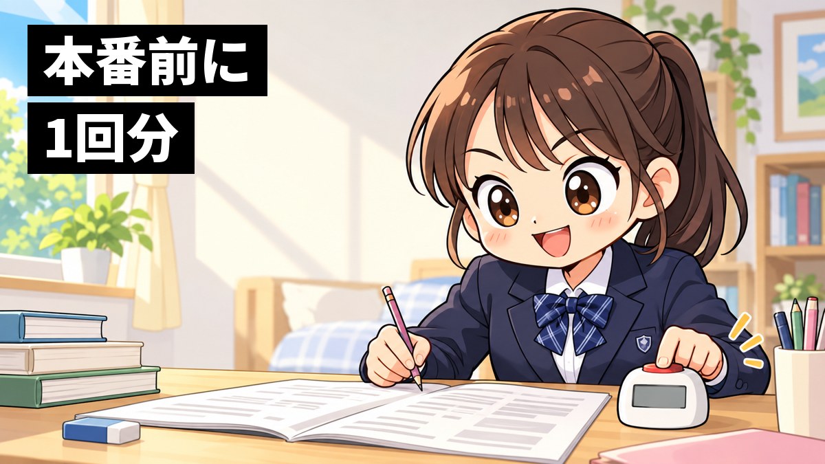 家の机で、館山中の制服の女子がキッチンタイマーを押し、わくわくしながら過去問の1問目に向かっている挿絵。文字「本番前に1回分」