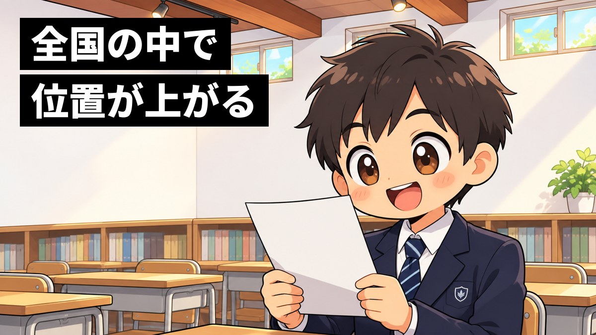 塾の教室で、館山中の制服の男子が、全国統一中学生テストの成績表を手に、伸びた結果を見てぱっと明るい笑顔になっている挿絵。文字「全国の中で位置が上がる」