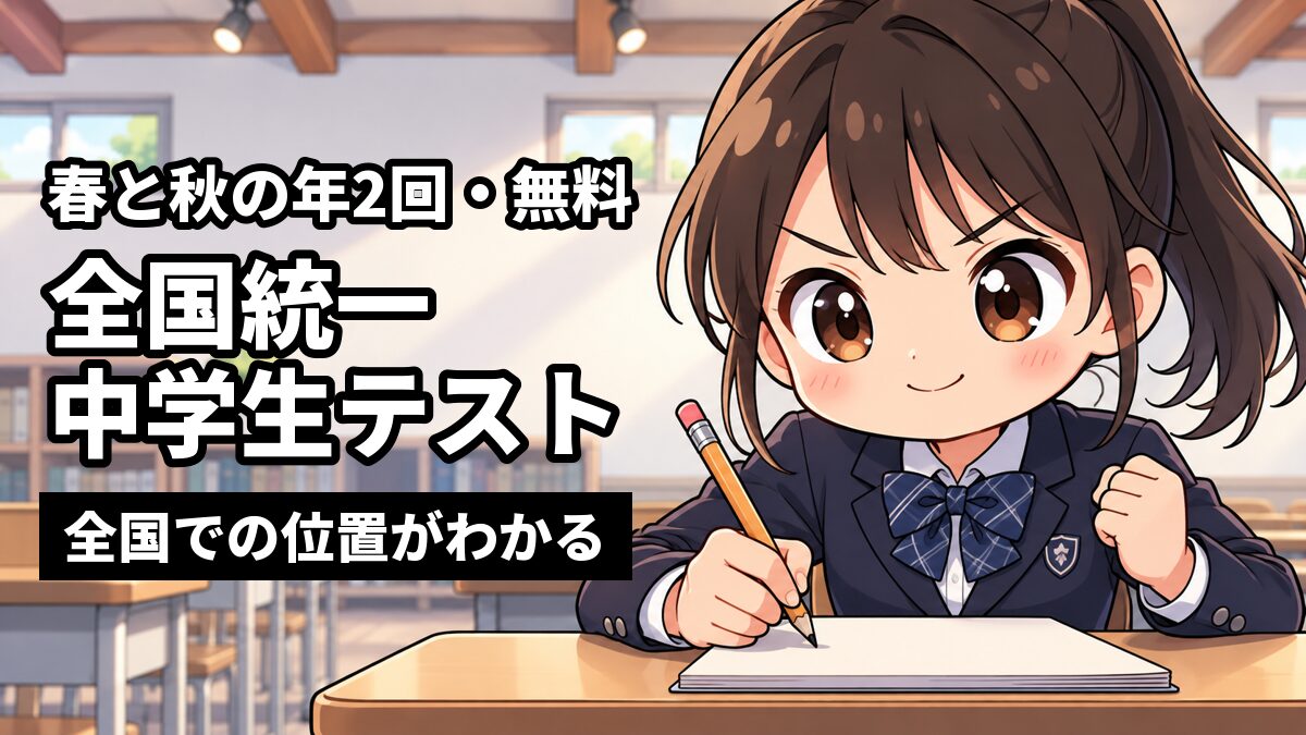 塾の教室で、館山中の制服の女子が鉛筆を握り、全国統一中学生テストに向けて気合いの入った顔をしている。「春と秋の年2回・無料」「全国統一中学生テスト」「全国での位置がわかる」の文字。